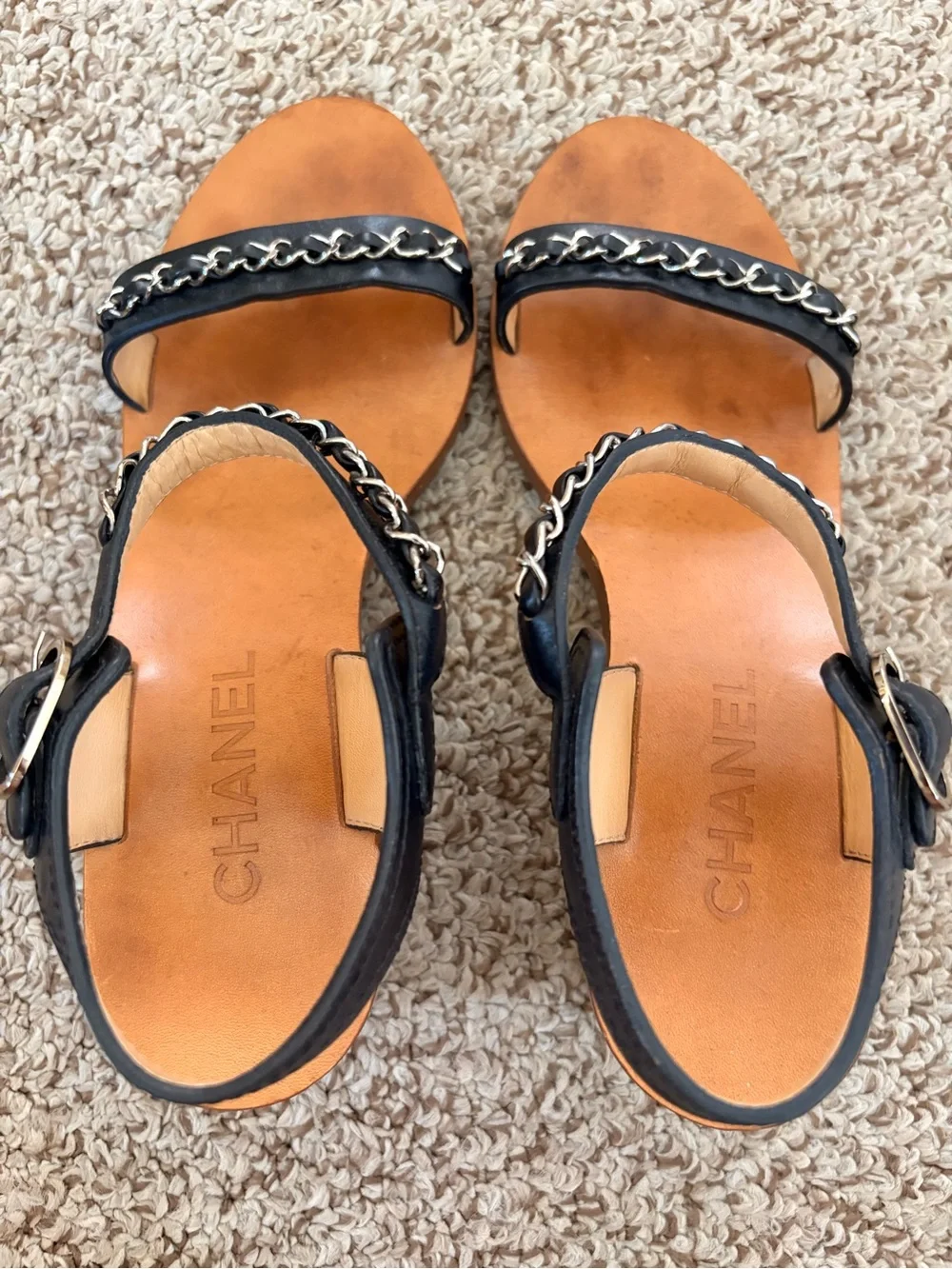 CHANEL Black Leather Chain-Trim Slingback Sandals